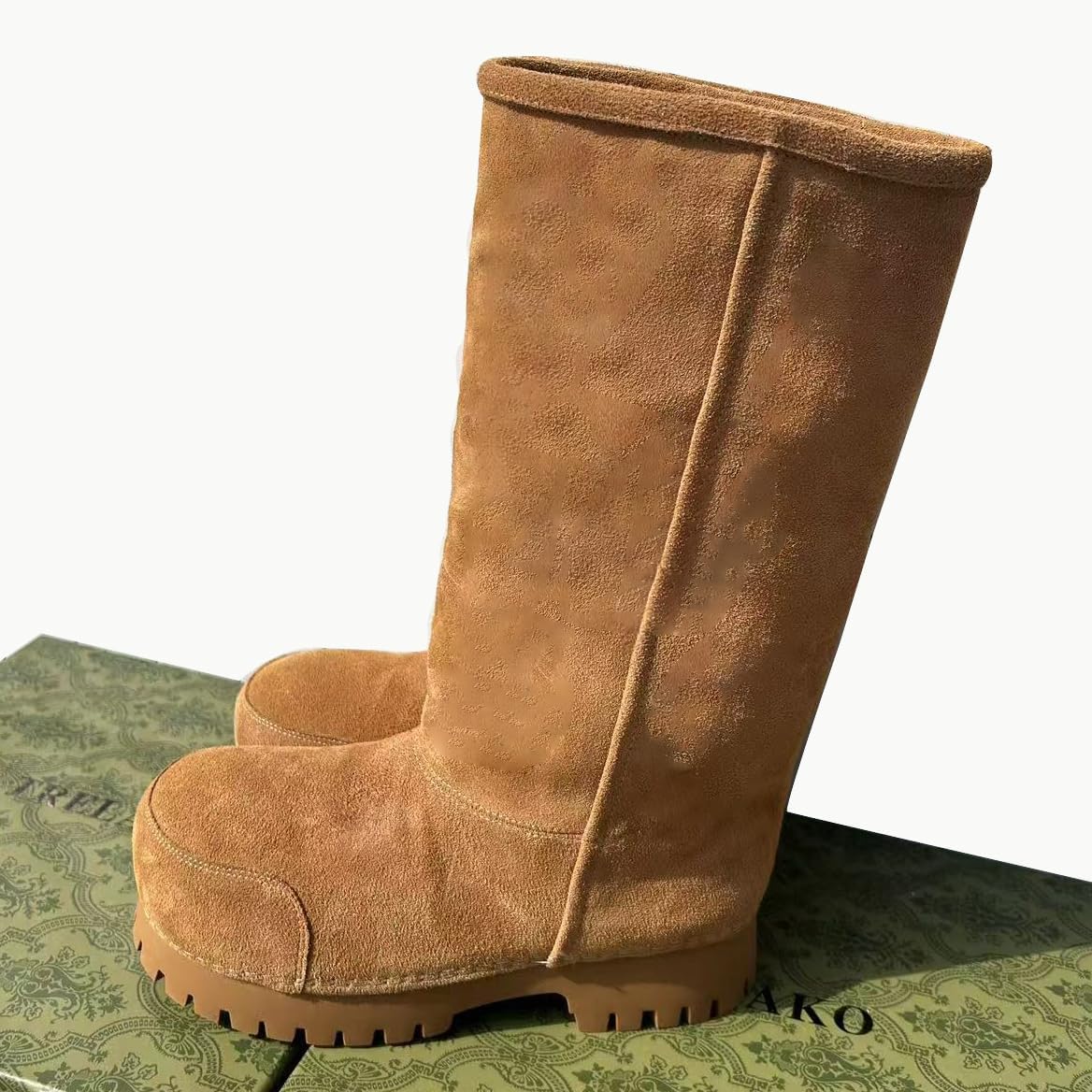 Platform Snow Boots for Women Suede Classic Fur Hippy Mid Calf Winter Boots Slip On High Boots Comfortable Chunky Trending Shoes Biege - Image 3