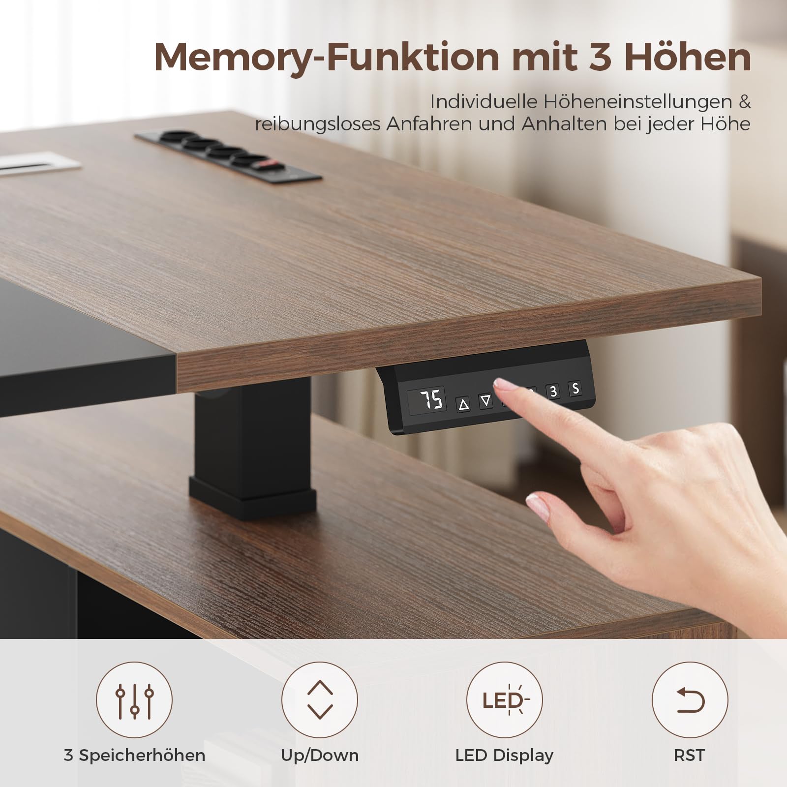 KIMENICH Höhenverstellbarer Schreibtisch elektrisch 140x70 cm, Computertisch mit Schubladen, offene Fächer, Ladefunktion, Stehtisch, Bürotisch, Memory-Funktion, Schwarz
