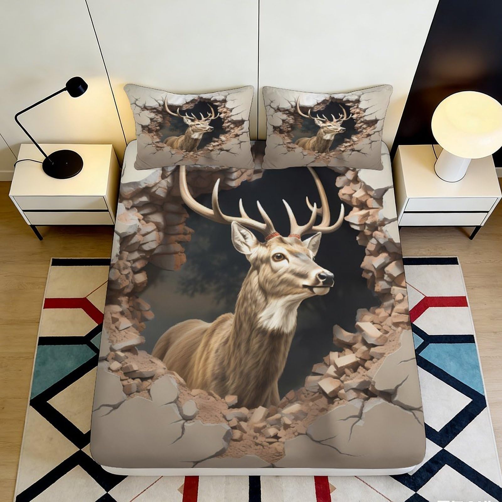 3D Printed Deer Pattern Fitted Sheet Microfiber Soft Durable 3D Printed Stag Mattress Cover for Bedroom Dormitory Guest Room Bed Protection 140x200x25cm