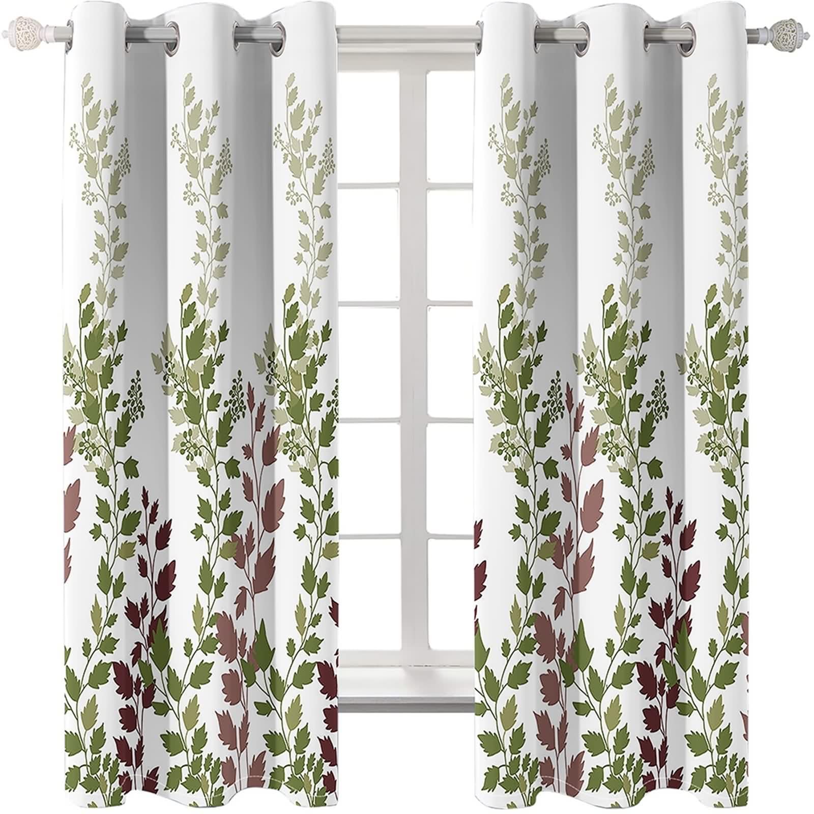 Zasłona kuchenna w stylu vintage, poliester, zielona, gałązka i wzór liści, zestaw 2 sztuk, szer. 132 x wys. 274 cm