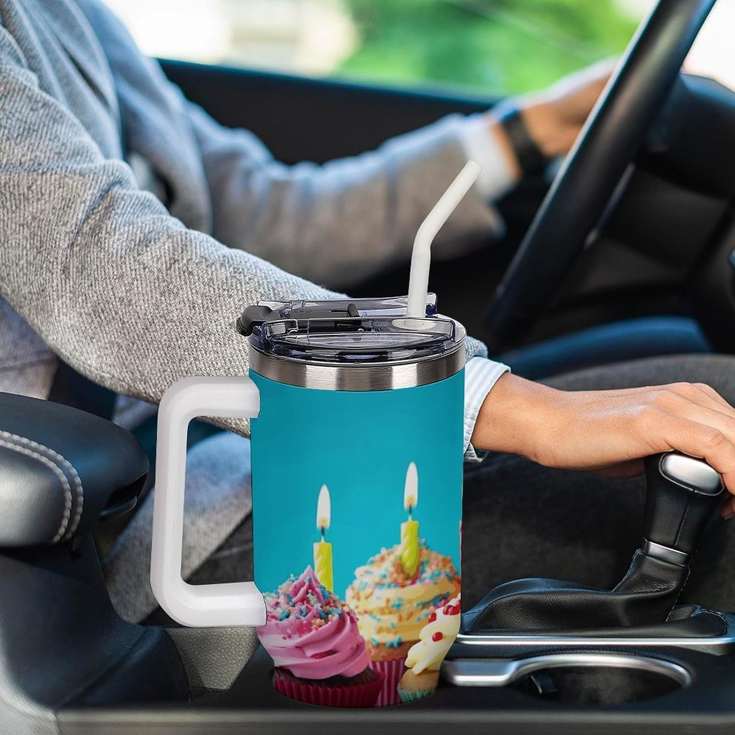 Colorful Happy Birthday Cupcakes Tumbler 40 Oz with Handle&Lid Large Car Cup Stainless Steel Vacuum Travel Mug Insulated Water Bottle Leak-proof Portable Coffee Cup for Home Car Outdoor