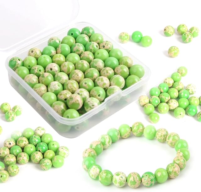 Colle 100pcs Green Emperor Beads for Jewelry Making, 8mm Bracelet Beads for Bracelet Making, Natural Green Emperor Beads for Bracelets Making, Necklace, Jewellery Beading, Earrings Crafts DIY Kit
