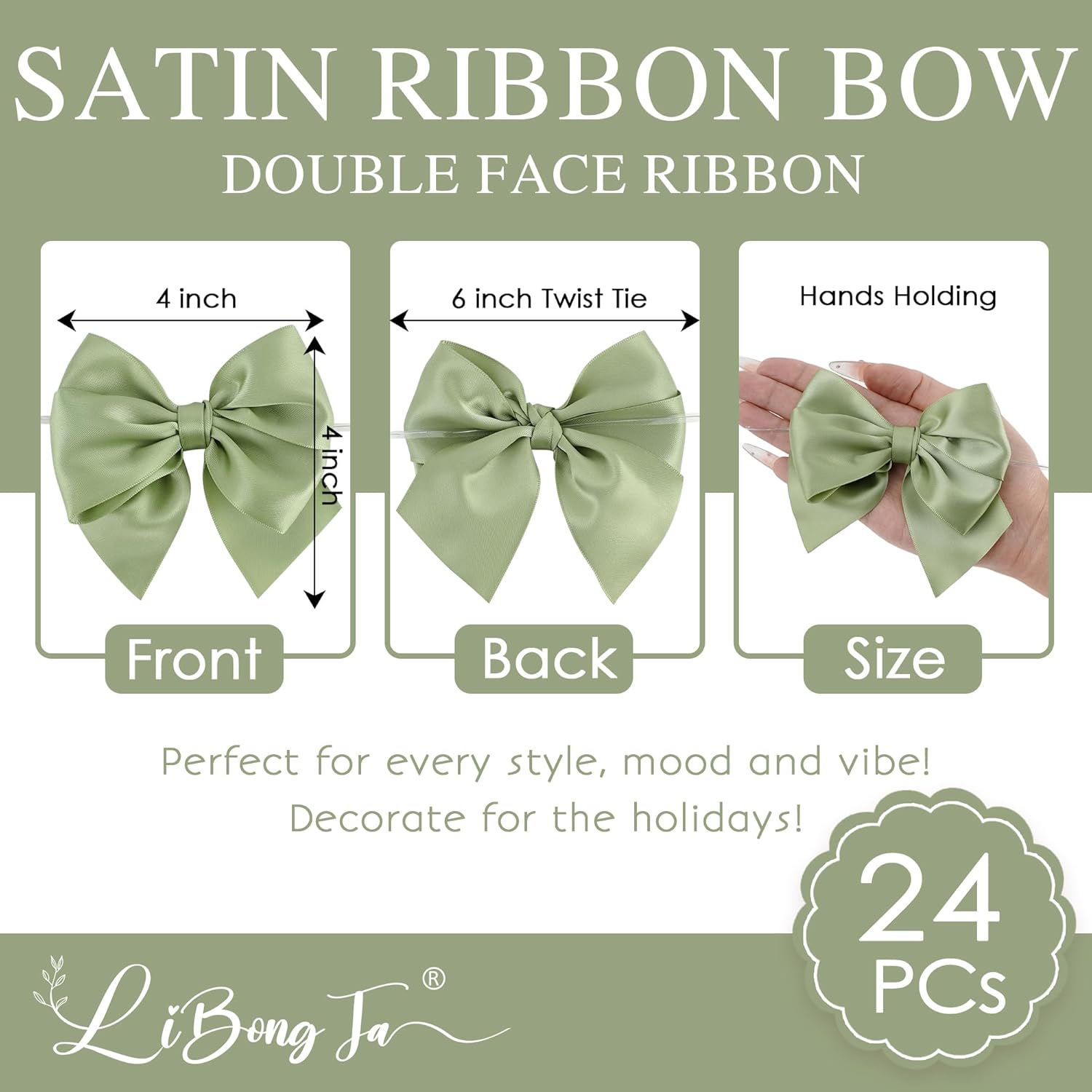 4 Inch Sage Green Gift Bow Satin Ribbon Bows for Crafts, Pre-Tied Bows, Twist Tie Bow for Treat Bags, Premade Decorative Bow, Wrapping Bows for Presents, Wedding, Baby Shower-24 Counts - Image 2