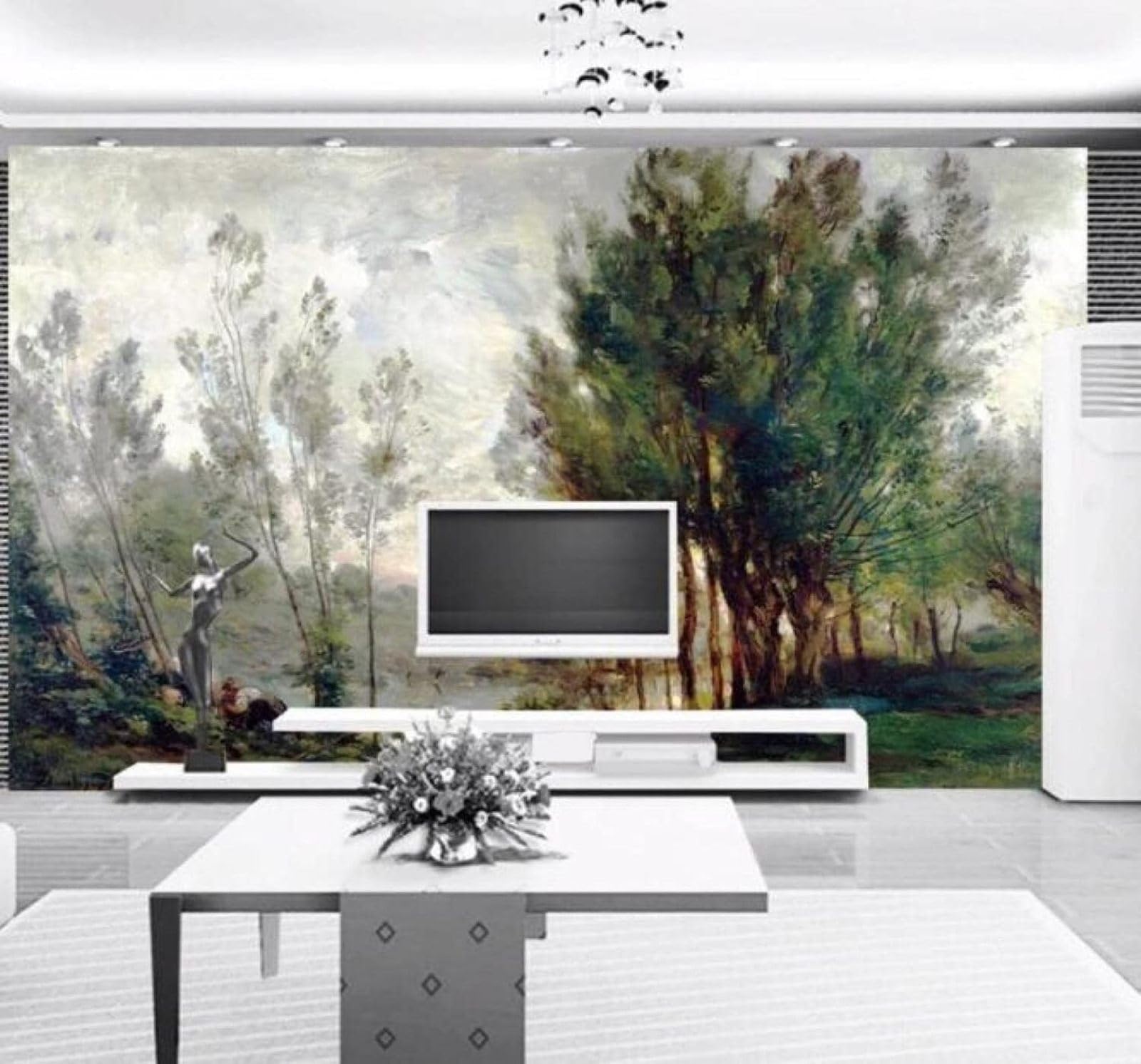 Xlming 350Cm×256Cm(B×H) Hand Painted Green Trees Pastoral Scenery 3D Wallpaper Luxury Silk Study Dining Feature Sofa Grey Bedroom Living Room Tv Decorative Wall-350Cm×256Cm