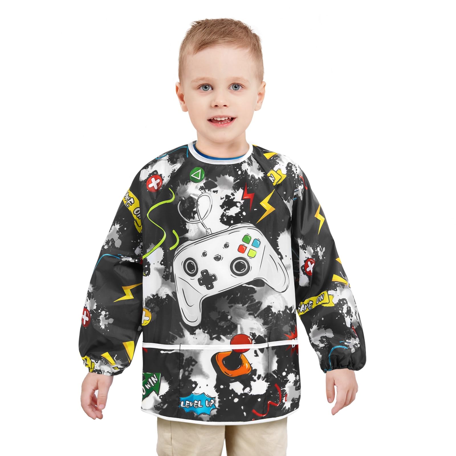 WERNNSAI Game Art Smock - Kids Aprons for Boys ages 6-8 Waterproof Toddler Art Smock Painting Toddler Apron for Girls with Long Sleeve and 3 Pockets โ image 1