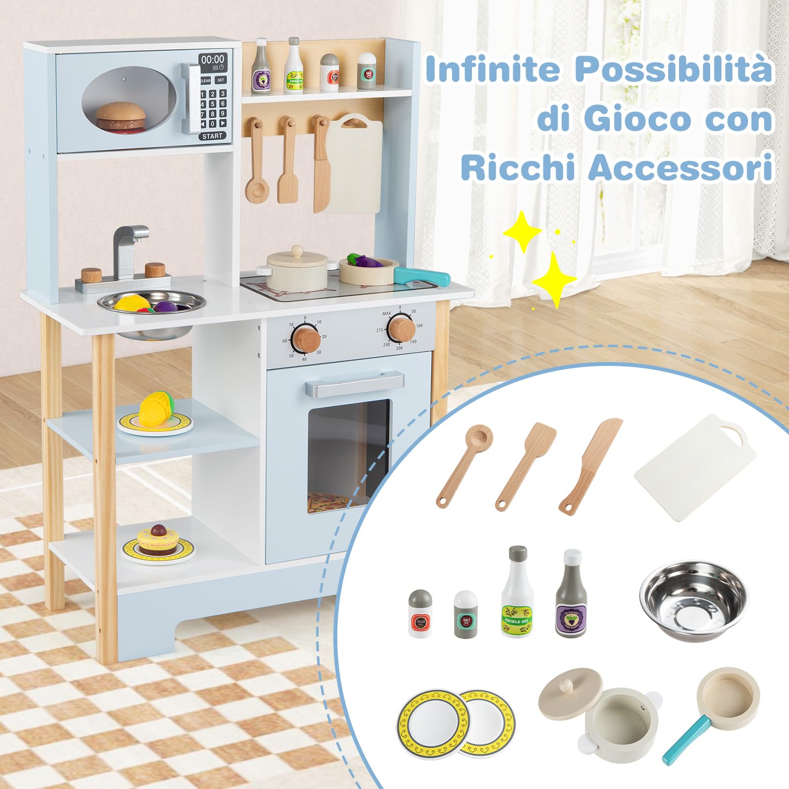 COSTWAY Cucina Giocattolo in Legno per Bambini, Set Cucina Gioco con Lavagna e Accessori Completi, Gioco di Finzione per Bambini 3+ Anni, 61,5 x 26 x 85 cm