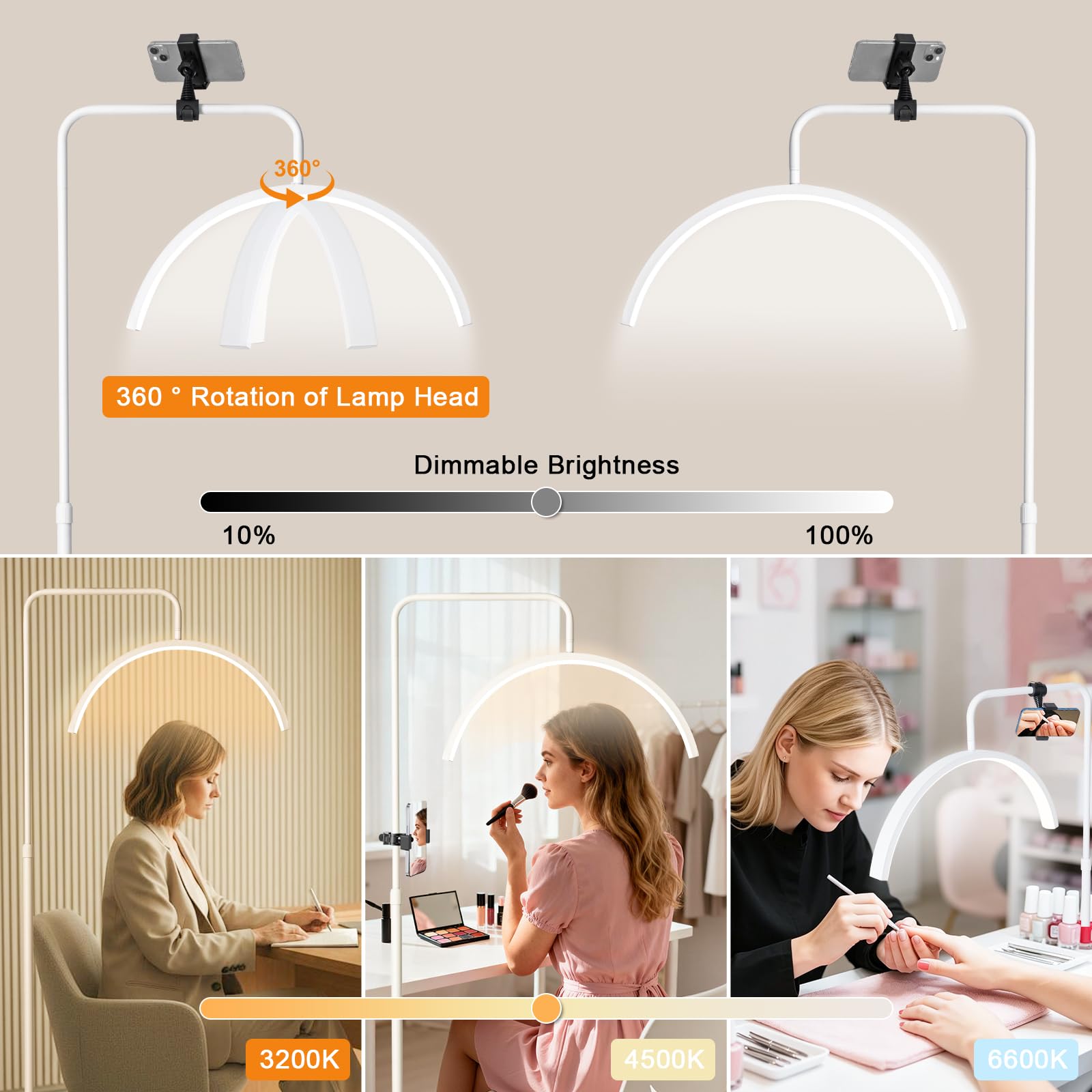 Lampadaire Hauteur Réglable 120-154cm Lampe sur Pied LED Tête Orientable Intensité Réglable 3 Couleurs avec Support Interrupteur au Pied Lampe d'Appoint pour Beauté Extension Cils et Tatouage