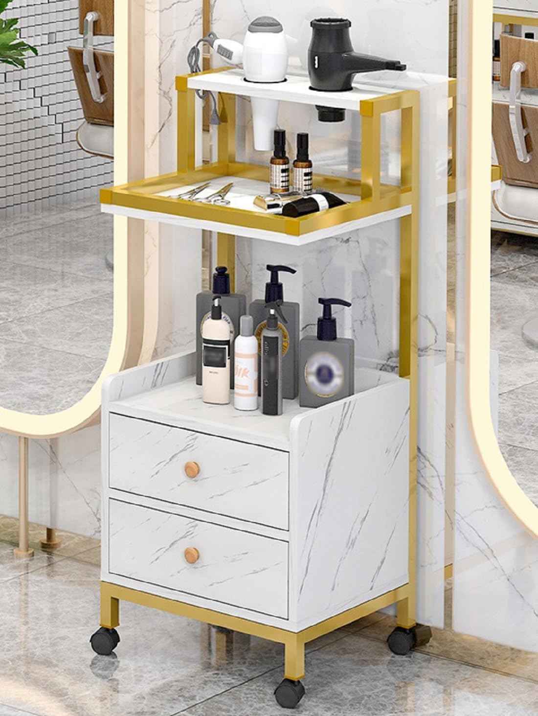Modern Salon Trolley with 2 Drawers, Barber Cart with Wheels Mobile Hair Station Metal Frame Rolling Storage Cart for Tattoo Studio Barber Shop