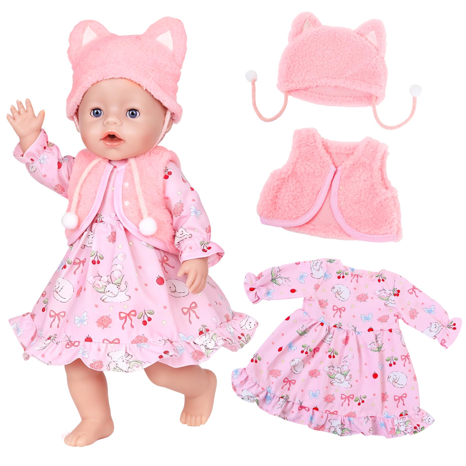 3 Pcs Dolls Clothes Sets for 14-17 Inch Baby Doll, Newborn Baby Doll Clothes for 35-43cm Doll, Pink Cherry Cat Pattern Doll Outfits Accessories with Dress Vest 3D Cat Ears Hats Gift for Kids