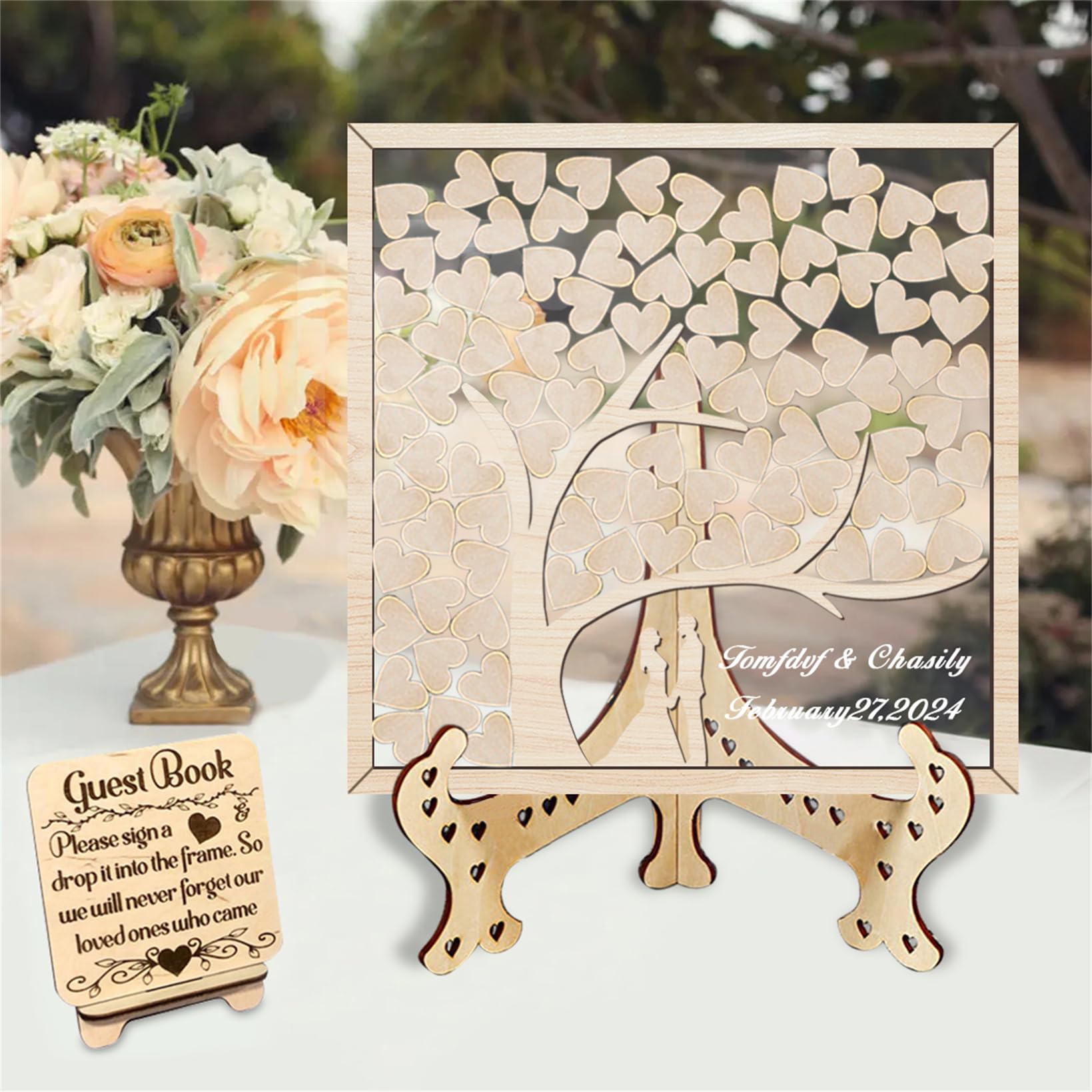 Libro de invitados personalizado con árbol de hojas para boda, silueta de pareja, caja de regalo 3D, árbol genealógico, libro de invitados rústico, libro de firmas de boda para aniversario, boda,