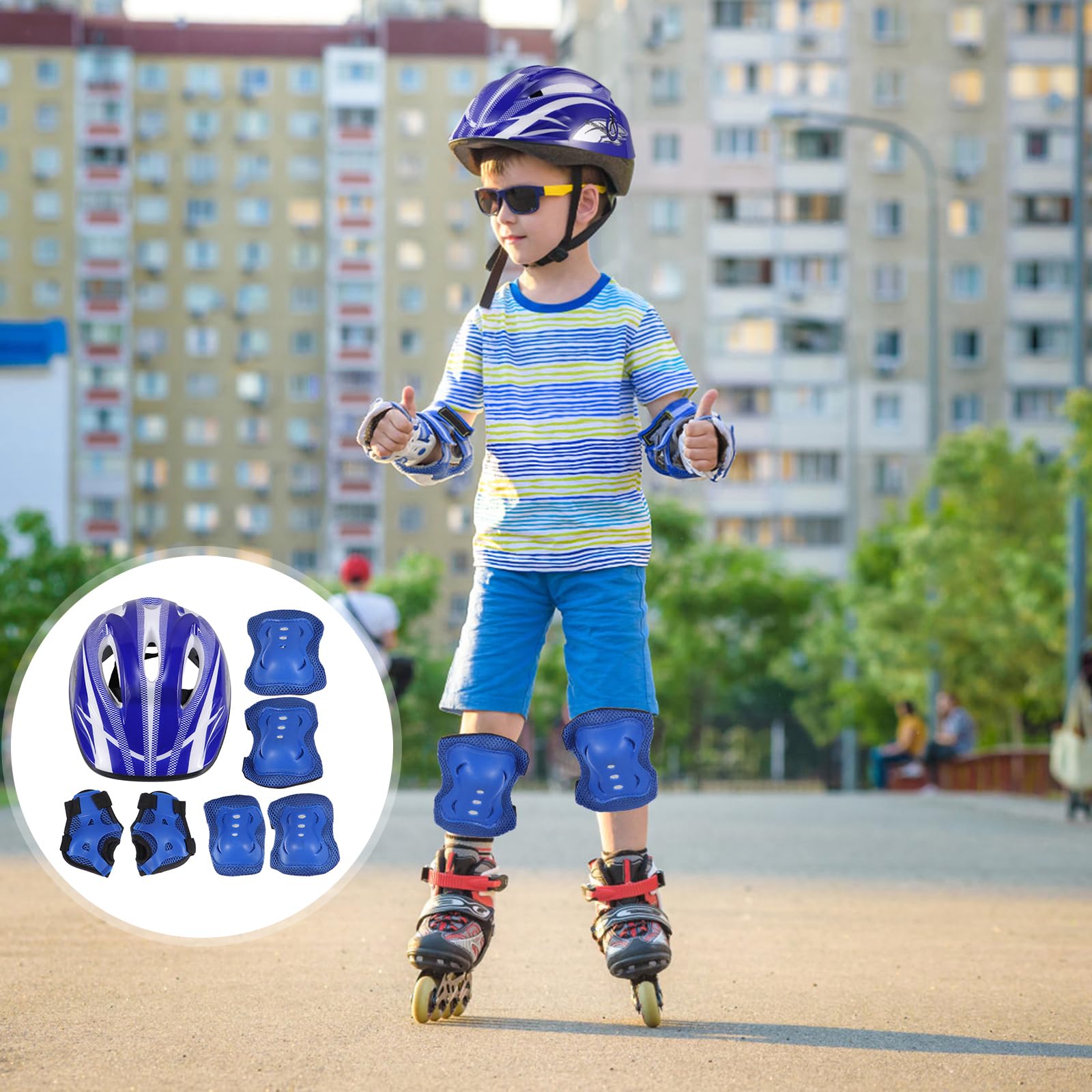 Kids Helmet with Sports Protective Gear Set: Adjustable Helmet for Ages 3-8 Boys Girls, Toddler Knee Elbow Wrist Pads for Cycling Biking Riding Skating Scooter (Blue)