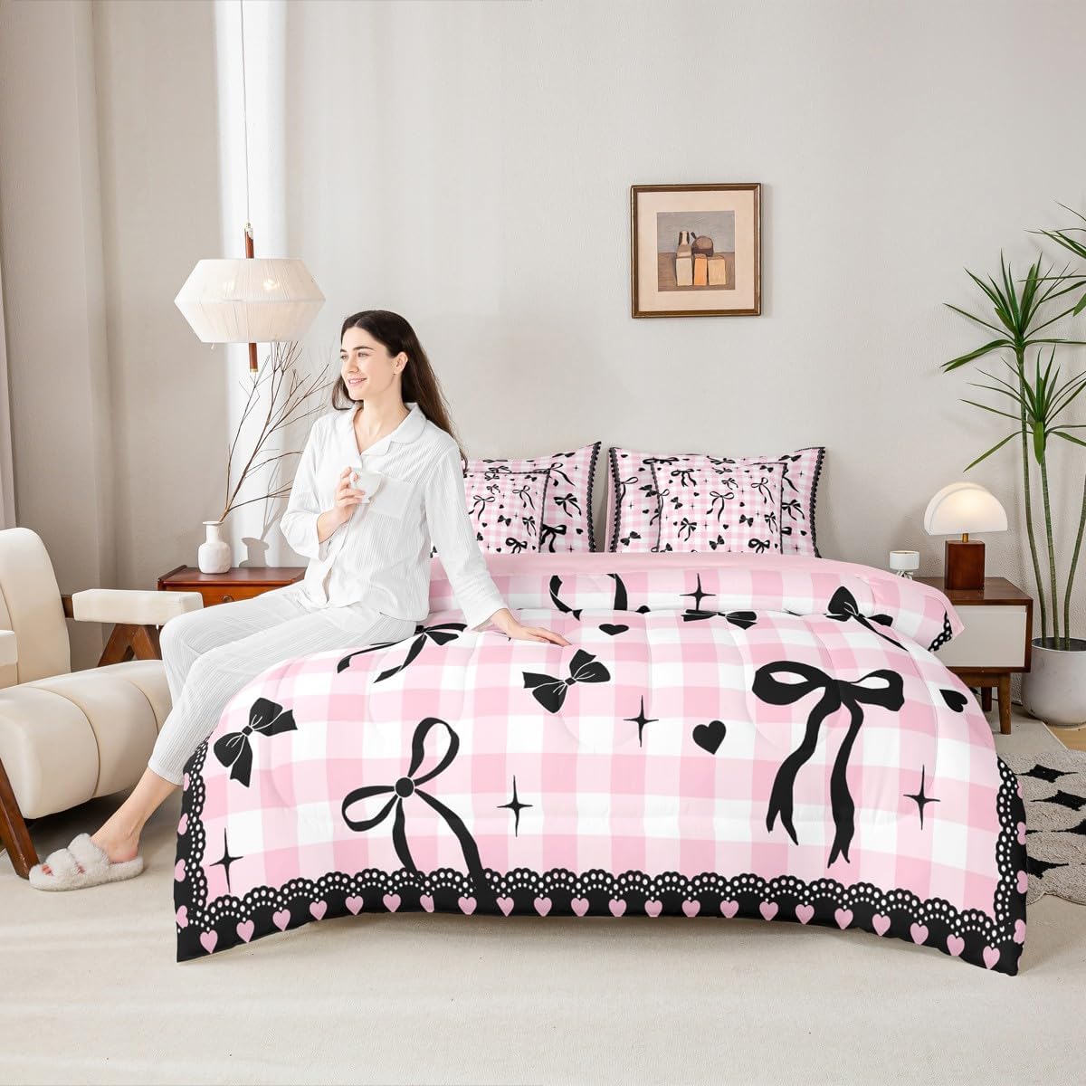 7 Pieces Black Bow Comforter Set Queen for Kids Girls Bowknot Bedding,White Pink Plaid Check for Young Woman,Sweet Love Lace Stripes Comforter+Fitted+Flat Sheet+2 Pillowcases+2 Throw Pillow Covers