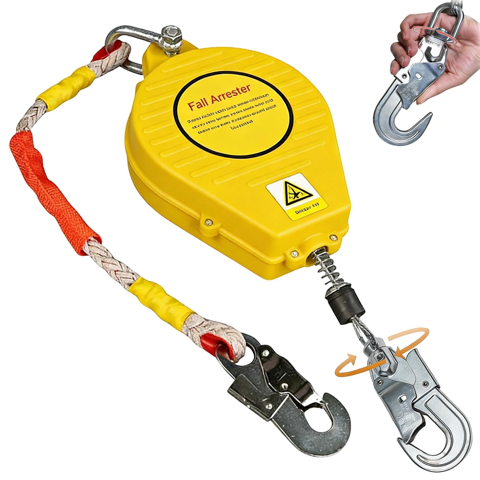 Harnais Sécurité Antichute Rétractable 10/15/20m, Charge utile 150 kg | Dispositif Antichute Robuste, Câble Acier Résistant, Rotation 360° pour Crochet Autobloquant, Adapté Toiture et Échafaudage