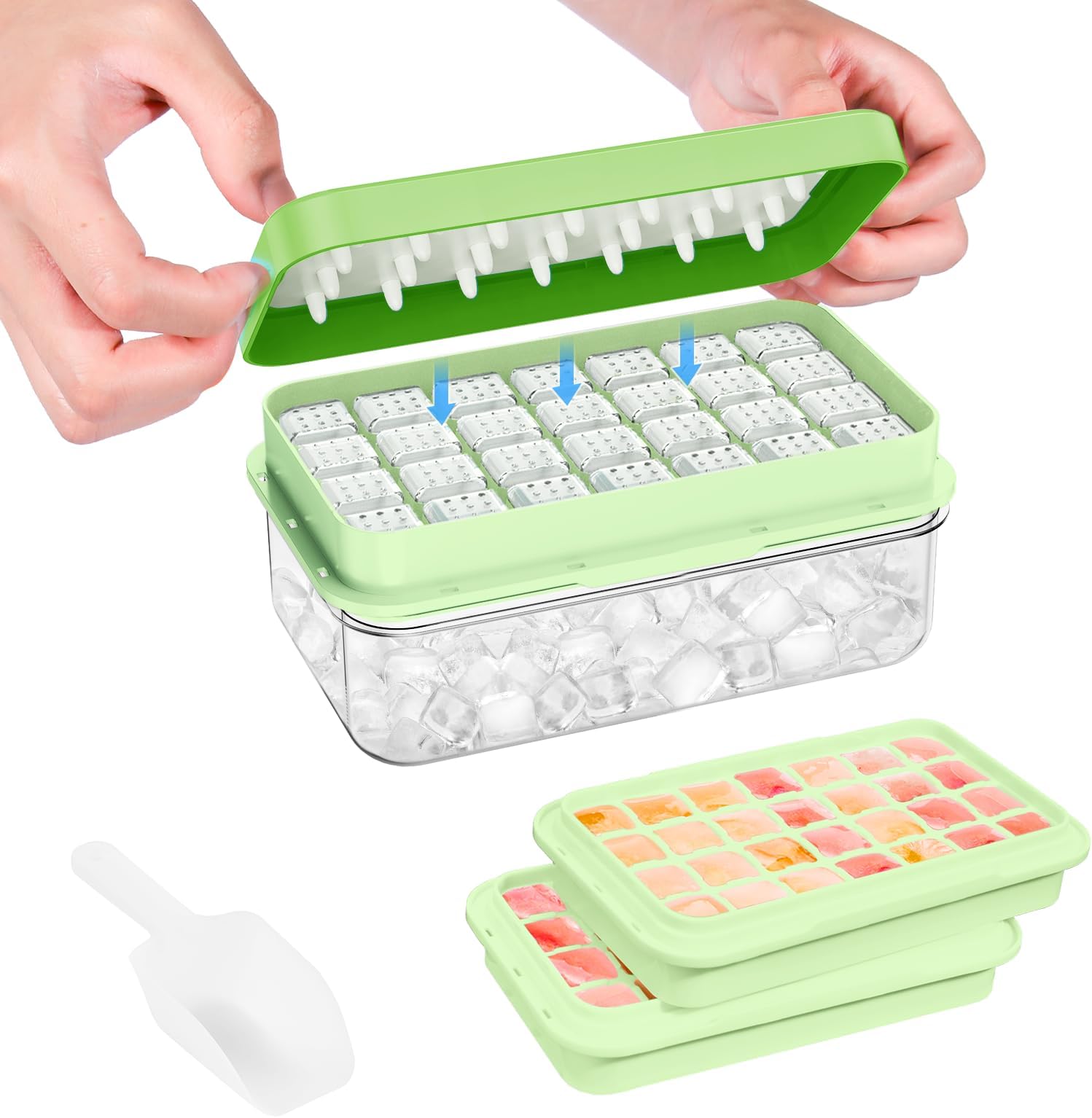 PHINOX Ice Cube Tray With Lid and Bin, Ice Trays for Freezer, Flexible Ice Cube Trays, Making 56 pcs Ice Cubes, Chilling Cocktail, Whiskey, Coffee, with 2 trays, Ice Container, Scoop&Cover, BPA Free