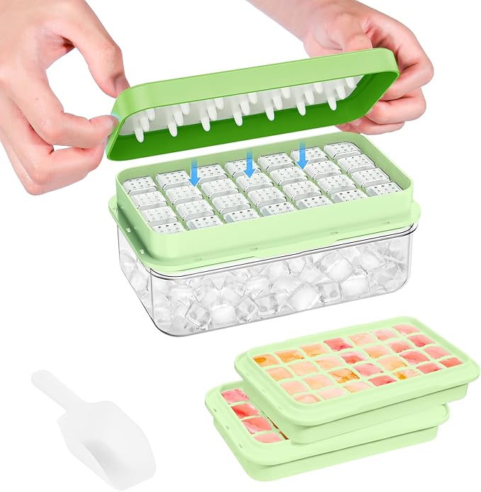 Ice Cube Tray With Lid and Bin, Ice Trays for Freezer, Flexible Ice Cube Trays, Making 56 pcs Ice Cubes, Chilling Cocktail, Whiskey, Coffee, with 2 trays, Ice Container, Scoop&Cover, BPA Free