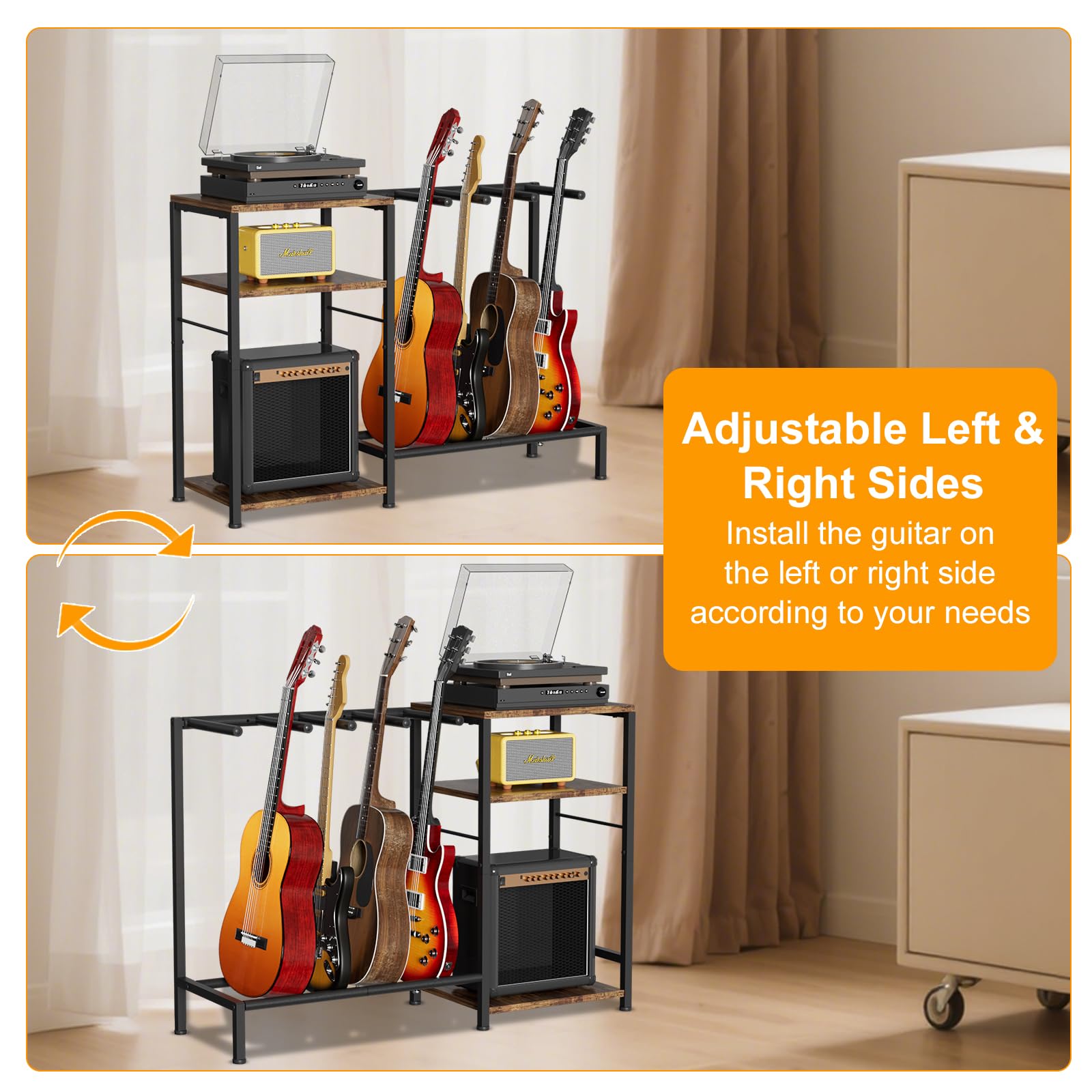 Support de guitare pour 4 guitares, support réglable pour guitares avec protection rembourrée douce pour acoustique, électrique, basse et ukulélé, support de présentation de guitare avec 3