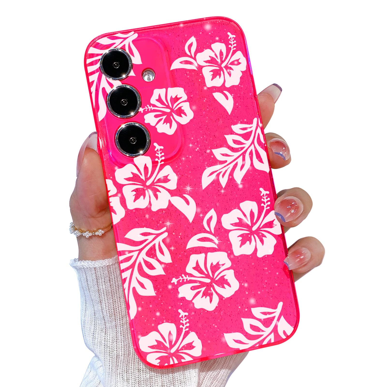 TURYXIA for Samsung Galaxy A15 5G Case Pink Glitter for Women Girls Girly, Cute Flower Floral Sparkly Bling Neon Bright Color Soft Phone Cover for