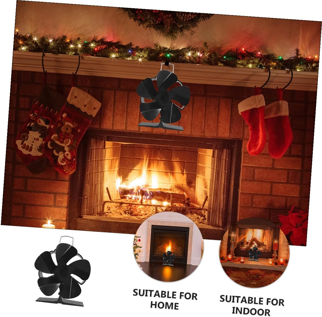 Compact Five-blade Heat Powered Stove Fan, Black Metal Fireplace Fan with Silent Motor, Space-saving Warm Air Circulator for Home and Outdoor Use