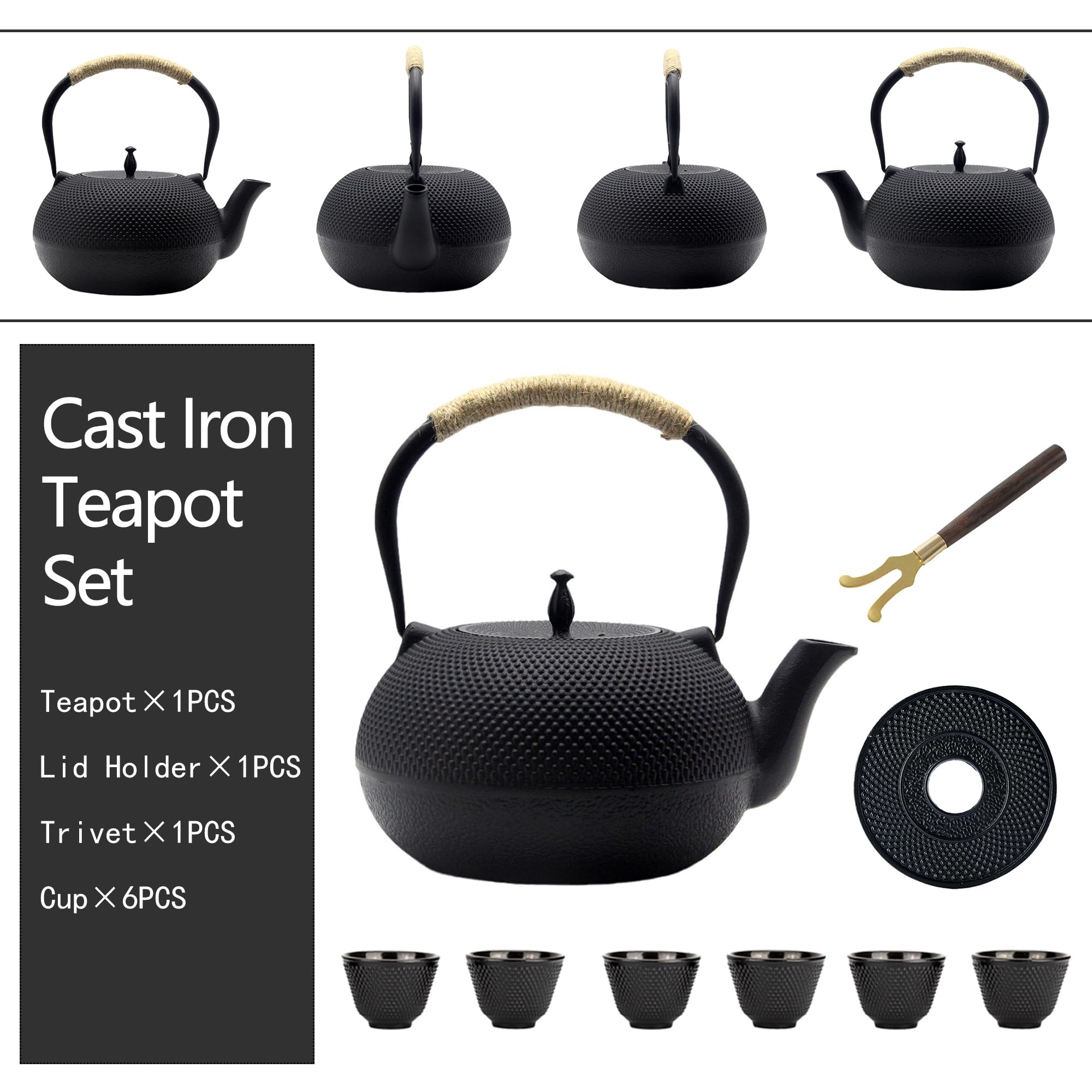 Service à thé en fonte avec tasses, théière japonaise Tetsubin compatible avec toutes les plaques de cuisson, service à thé en fonte avec passoire pour thé en vrac et intérieur émaillé (service à th