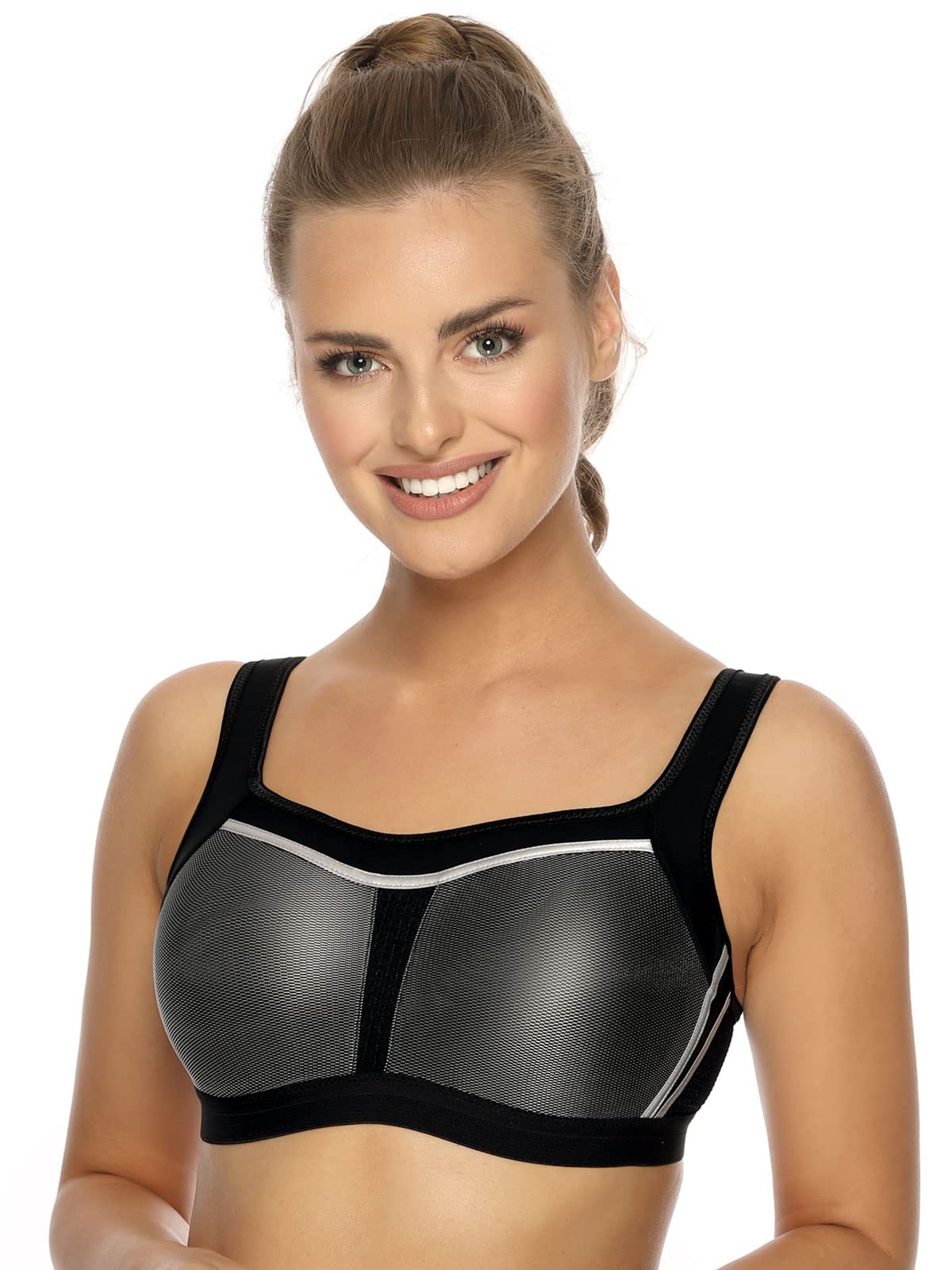 VIANIA Dessous Sport BH 151430 I Gemoldeter BH bez fiszbin oddychający biustonosz sportowy Extreme I Jazda na rowerze górskim i na nartach i piłce nożnej i tenisa I szybkoschnący I 75B – 95F I czarny/biały