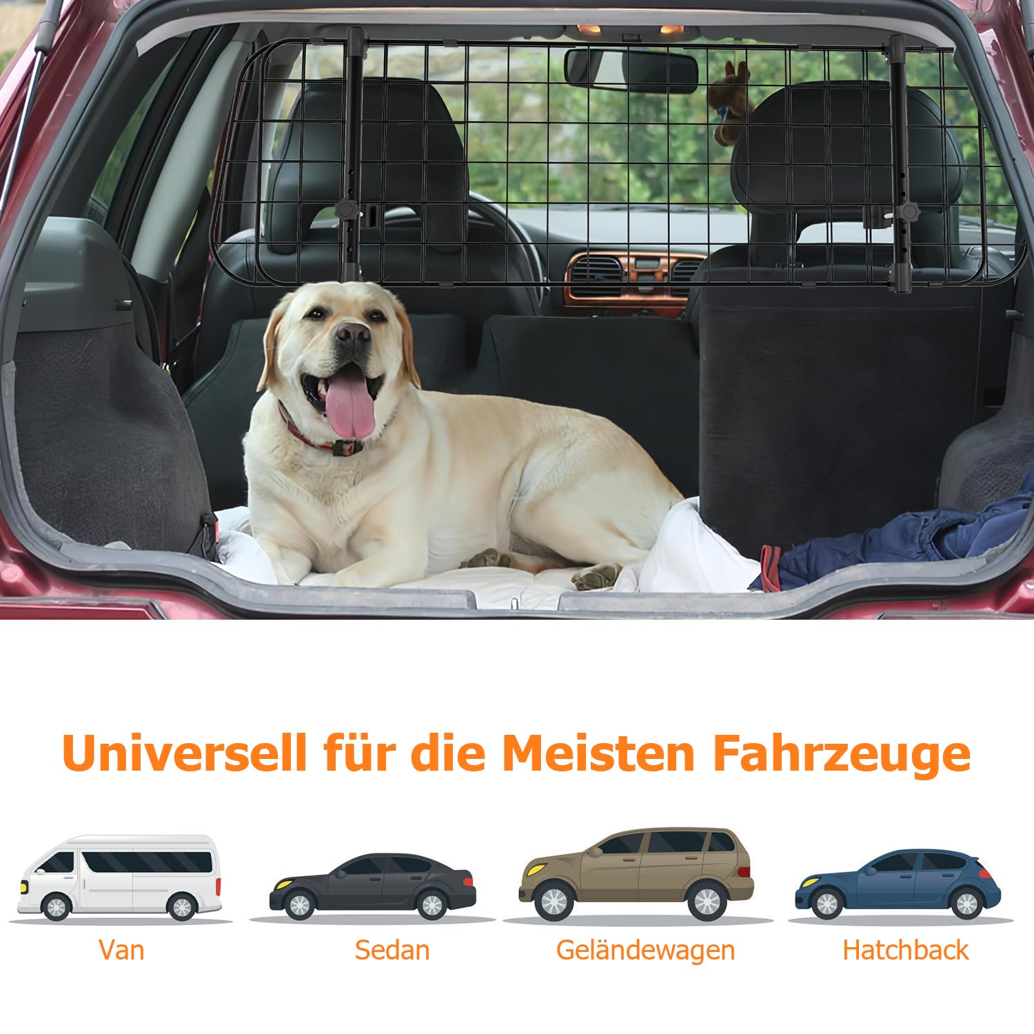 Herrselsam Hundegitter Auto, Autoschutzgitter Verstellbare Breite,trenngitter Kofferraum Hund,Schutzgitter für Hunde mit Sicherheitsgurt,hundenetz Auto,autogitter