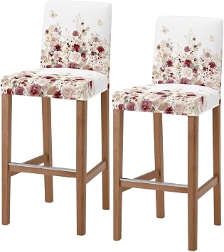 Red Spring Floral Bar Stool Chair Covers Set of 2 with Back,Stretch Barstool Slipcovers,Elegant Pastoral Flowers Watercolor Pub Counter Height/Swivel/Cafe/Dining Room Chairs Seat Furniture Cover