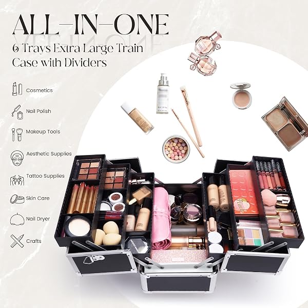 Joligrace Mallette à Maquillage Coffres de Rangement à Maquillage Vanité Boîte de Cosmétiques Valise Maquillage Professionnelle DIY Diviseurs Bijoux Cas Beauty Case avec Bretelle et Clé, Noir - 2