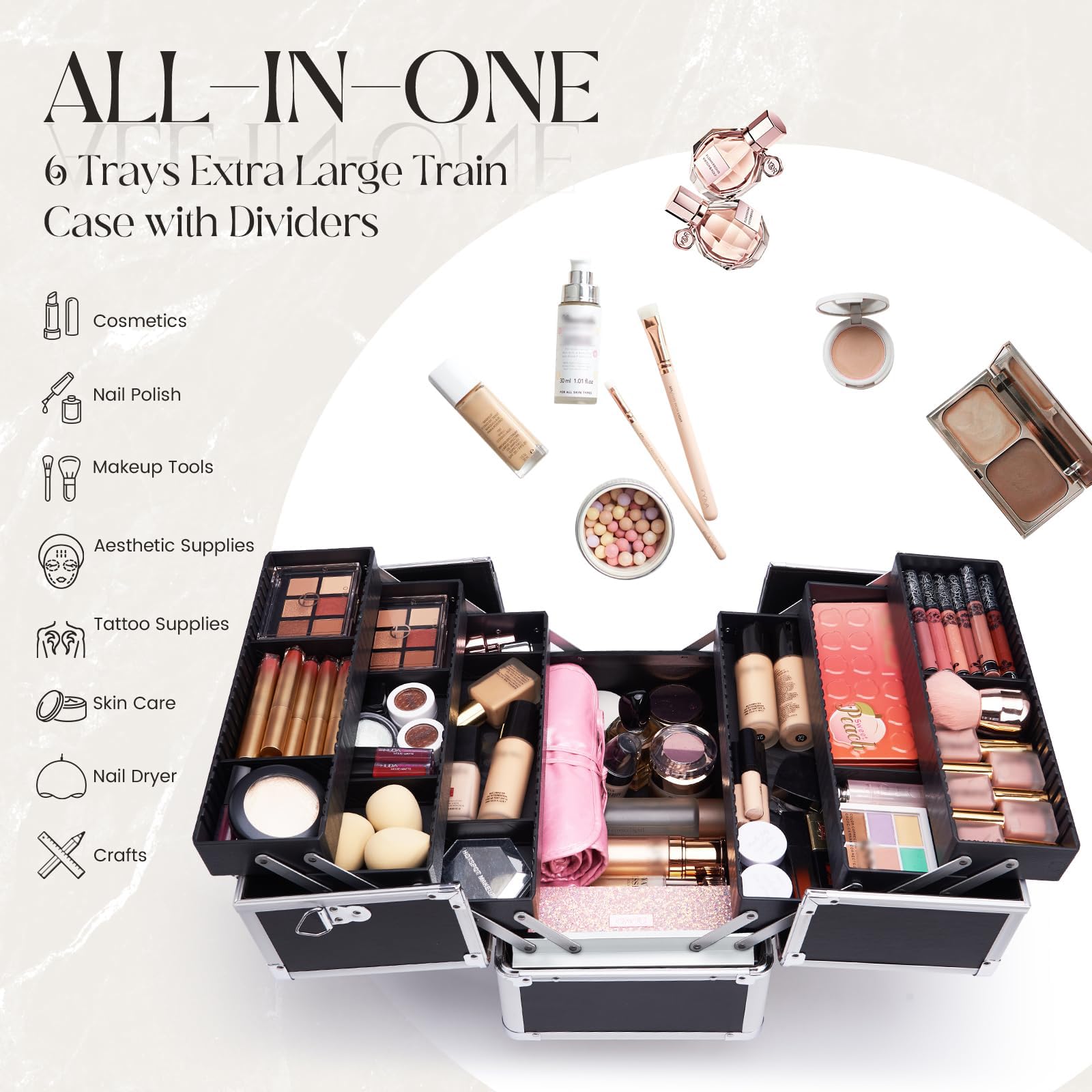 Joligrace Mallette à Maquillage Coffres de Rangement à Maquillage Vanité Boîte de Cosmétiques Valise Maquillage Professionnelle DIY Diviseurs Bijoux Cas Beauty Case avec Bretelle et Clé, Noir - 2