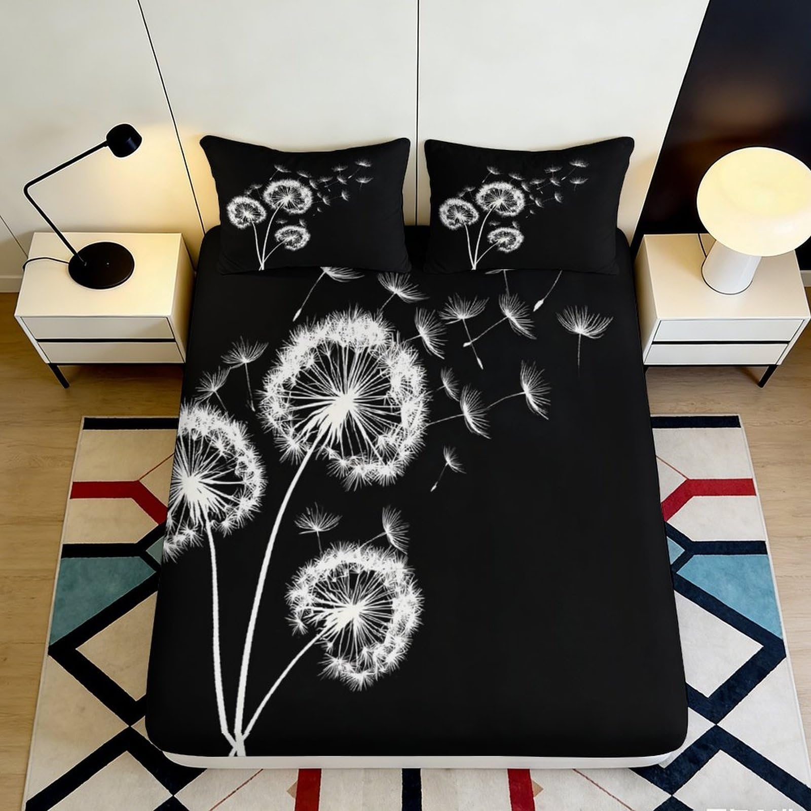 Uxinyoume Style-3 3D Printed Dandelion Art Fitted Sheet Microfiber Black White Bed Sheet Protection Decor For Bedroom Guest Room 90X200x25cm