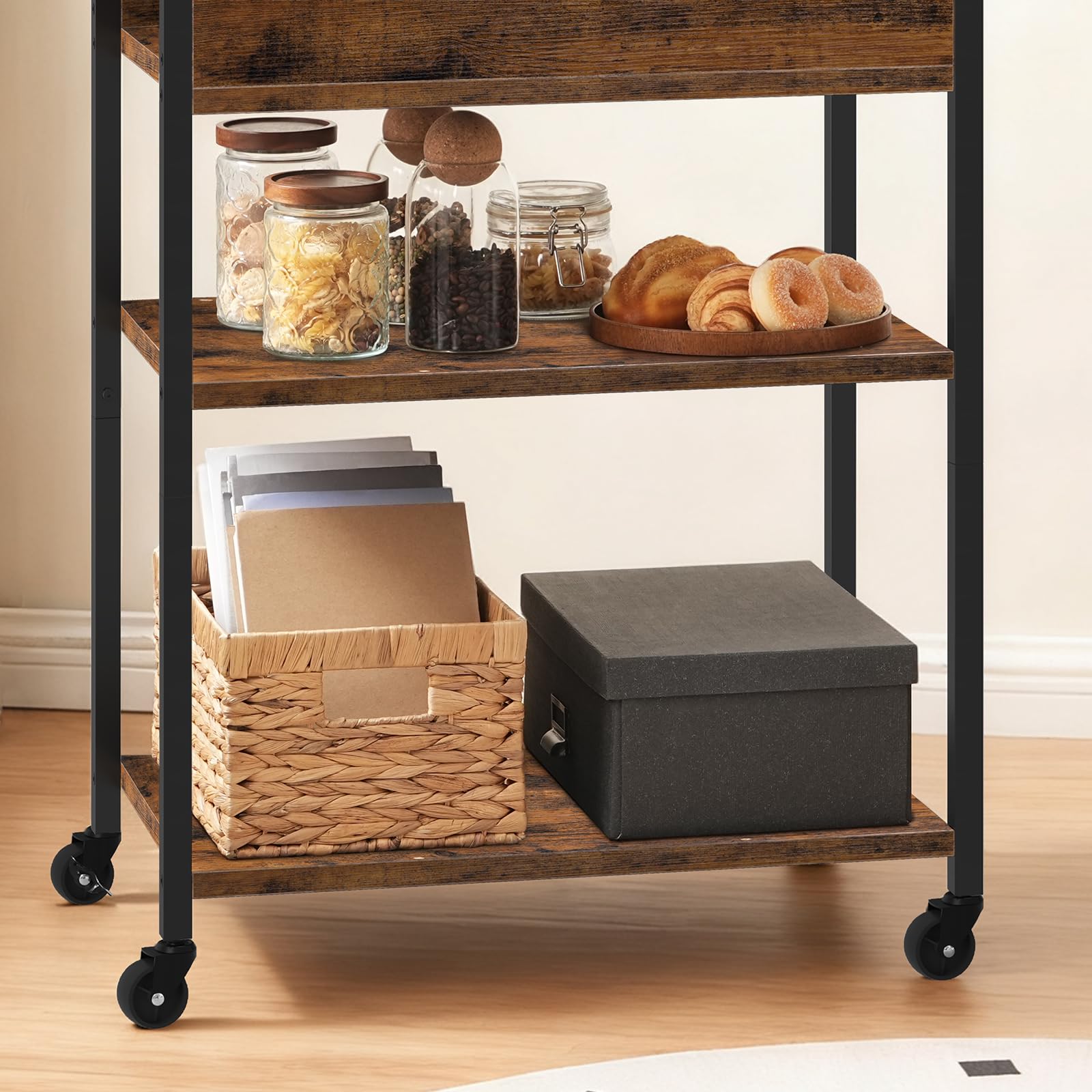 HOOBRO Carro de Servicio de 3 Niveles, Carrito con Barandilla, Carro de Cocina, Estantería de Comedor y Bar, 64 x 40 x 85 cm, para Restaurante, Salón, Bar, Marrón Rústico y Negro EBF64TC01