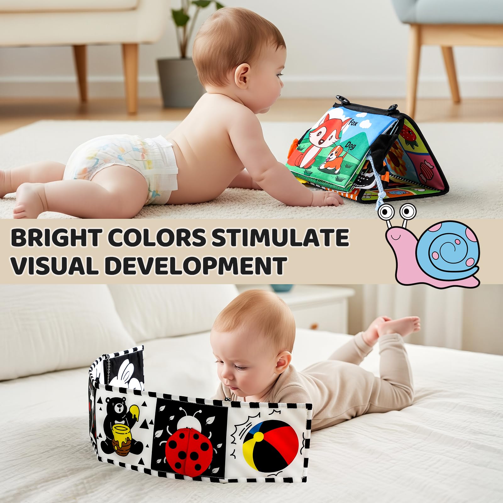 3 piezas de juguetes para bebés en blanco y negro de alto contraste, espejo para el tiempo boca abajo, juguetes infantiles con tela arrugada y mordedor, libros sensoriales de estimulación visual para 9