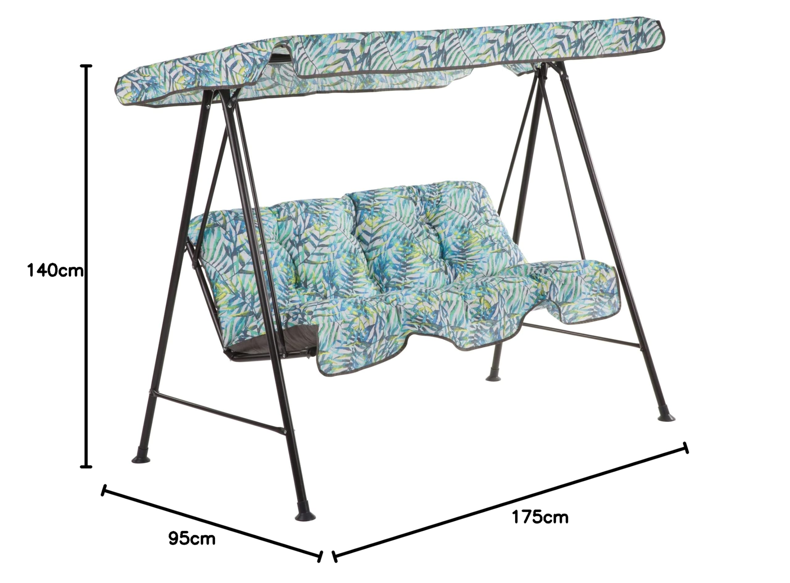 PATIO Tora 3-osobowa huśtawka ogrodowa Hollywood 138 cm, huśtawka ogrodowa, poduszka na oparcie, poduszka do siedzenia z dachem chroniącym przed słońcem, wzór roślinny, kolor biały, niebieski, żółty