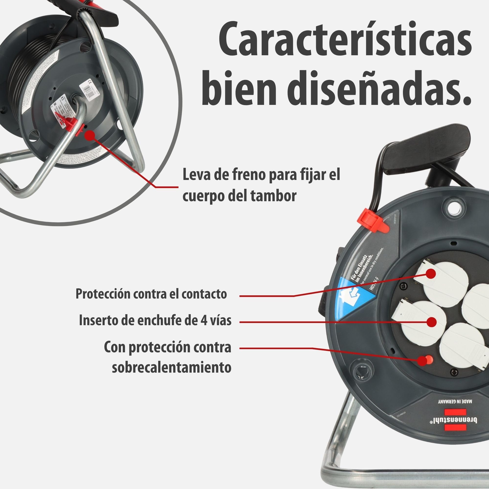 Brennenstuhl Garant V2 Enrollacables 25m cable (Fabricado en Alemania, 4 enchufes con conexión a tierra, protección contra sobrecalentamiento, cuerpo del tambor de plástico especial)