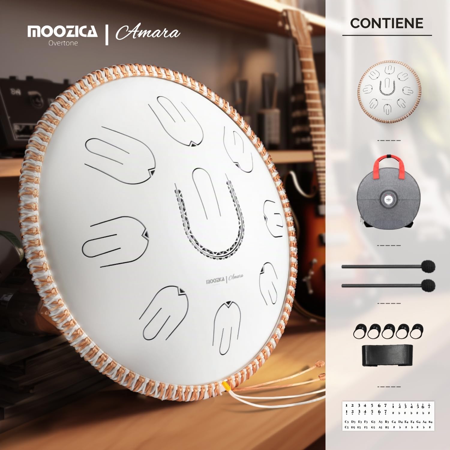 MOOZICA Tambor de lengua de acero Handpan, tambor de lengua de mano de escala Amara portátil de 14" con diseño de octava armónica, tambor de mano para principiantes y profesionales (Amara, blanco)