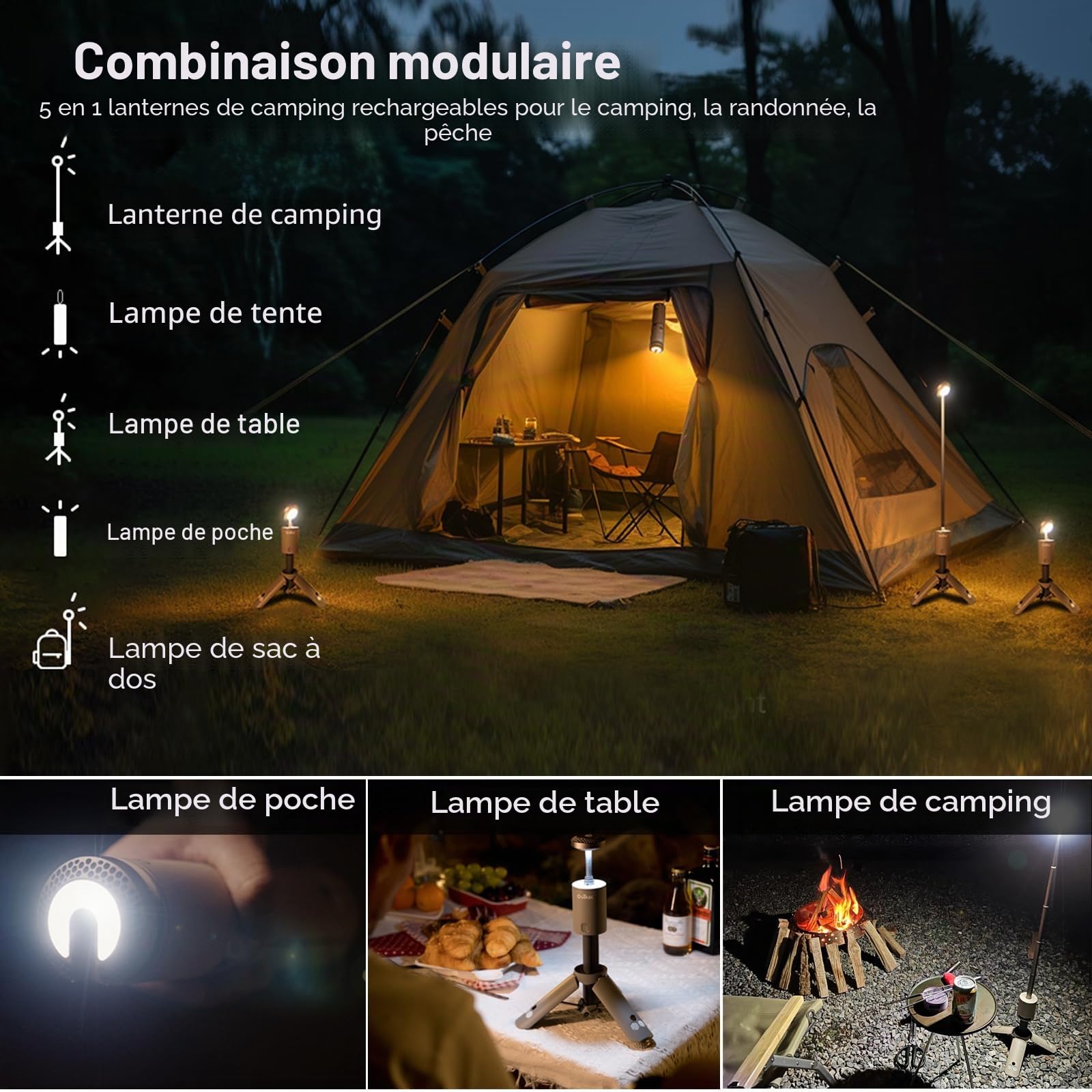 Outask Lampe de camping télescopique, lanterne magnétique pliable avec batterie de 12 000 mAh, lampes de poche télescopiques étanches IPX6/IPX7, lampe de camping pour urgence, camping, randonnée (gris