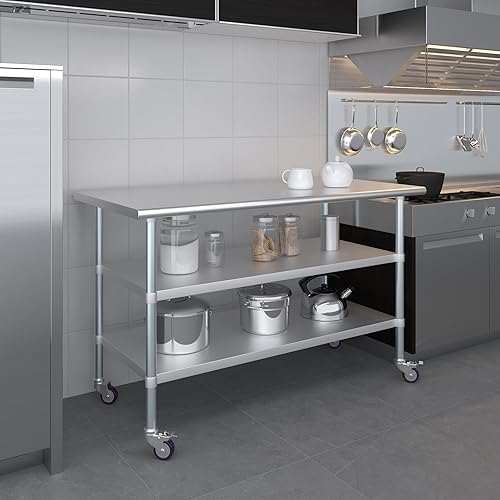 Miniatura 142 de AmGood Mesa de trabajo de acero inoxidable con 2 estantes y ruedas Mesa de trabajo de metal con ruedas