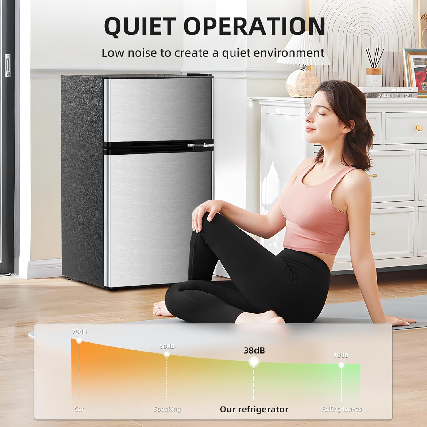 Antarctic Star Compact Refrigerator with Freezer,2 Door Mini Fridge,Adjustable Shelf,Adjustable Thermostat,for Bedroom,Office,Dorm,Kitchen,3.2 Cu.Ft.Silver