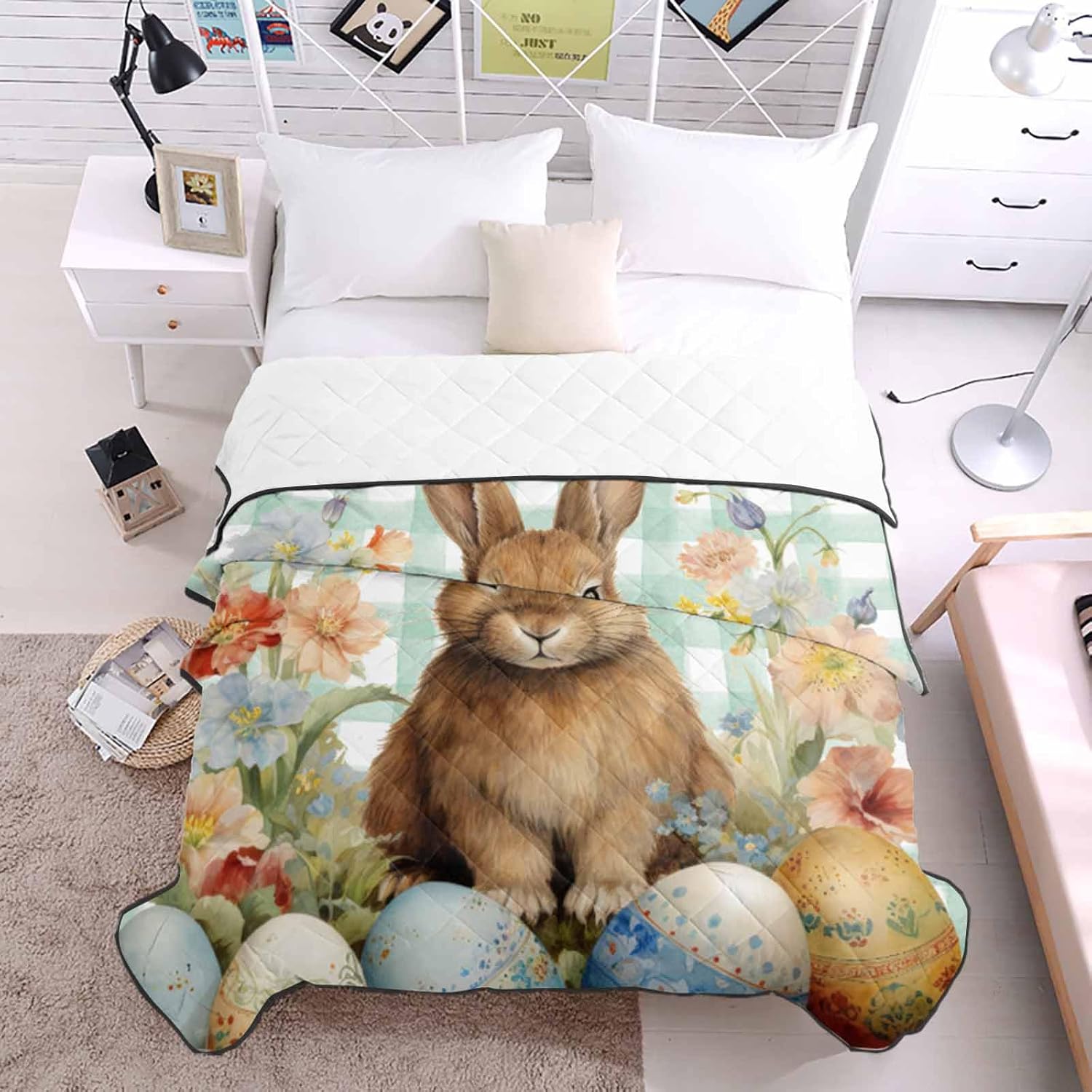 T&H XHome Quilt Full Size Luxury Quilted Comforter Bedspread-Thin Soft Cozy, Easter Bunny Rabbit Eggs Flowers Green Plaid Reversible Stitched Lightweight Quilt Coverlet for All Season