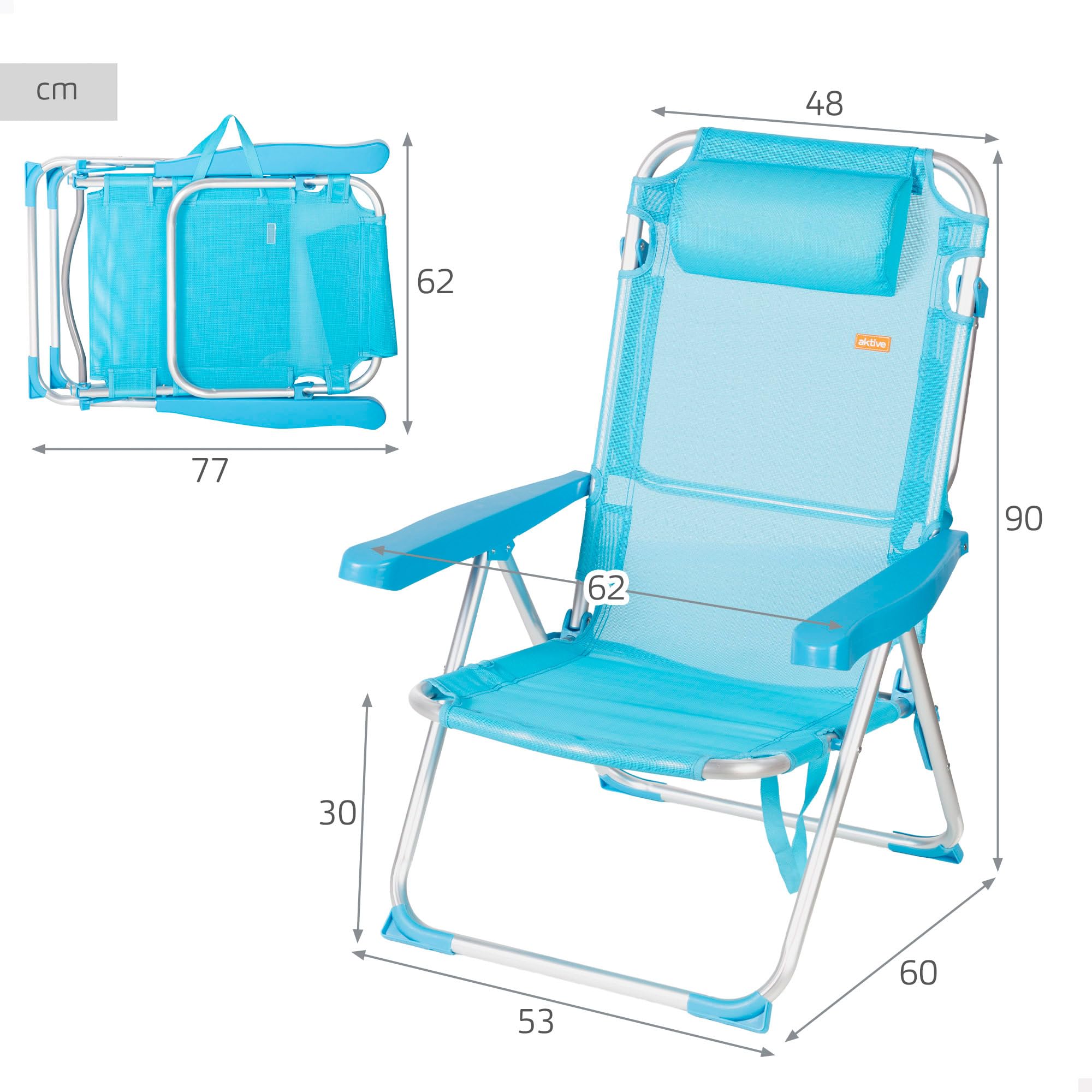 AKTIVE Silla de Playa Plegable Alta, Azul, Mide 48x60x90 cm, Multiposición, 8 Posiciones, Textileno y Aluminio, Peso soportado 110 kg, Asa Transporte, Sillas Acolchadas (62690)