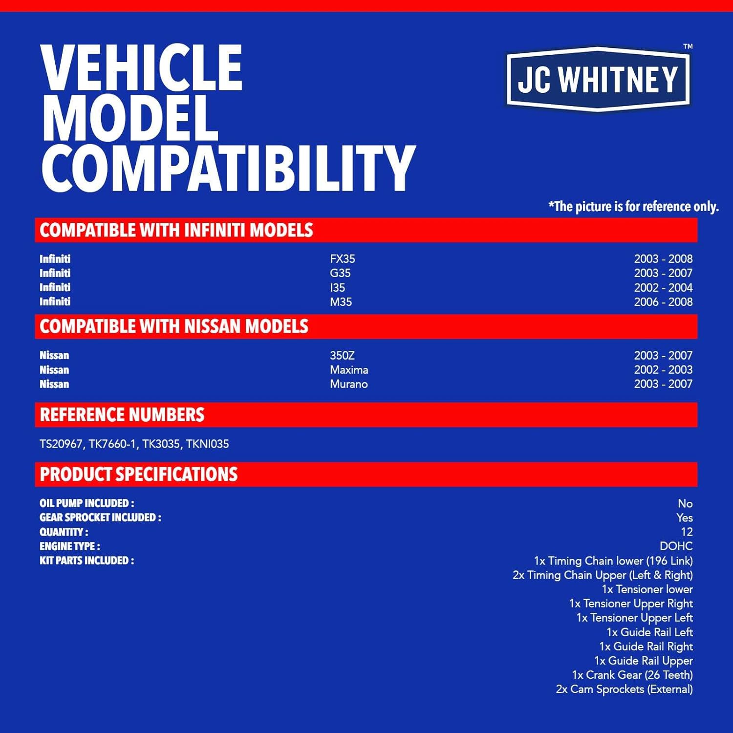 JC Whitney JFBAJCWTCK00096 Engine Timing Chain Kit with Tensioner - Fits DOHC V6 3.5L - Compatible with Nissan Murano 03-07, Maxima 02-03, 350Z 03-07, INFINITI G35 03-07, FX35 03-08, I35 02-04