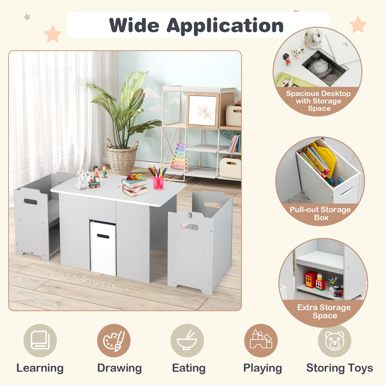 LIFEZEAL Mesa y Sillas Infantil Polivalente con Cubo Extraíble | Escritorio Infantil con 2 Sillas Apilables y Mueble de MDF para Niños