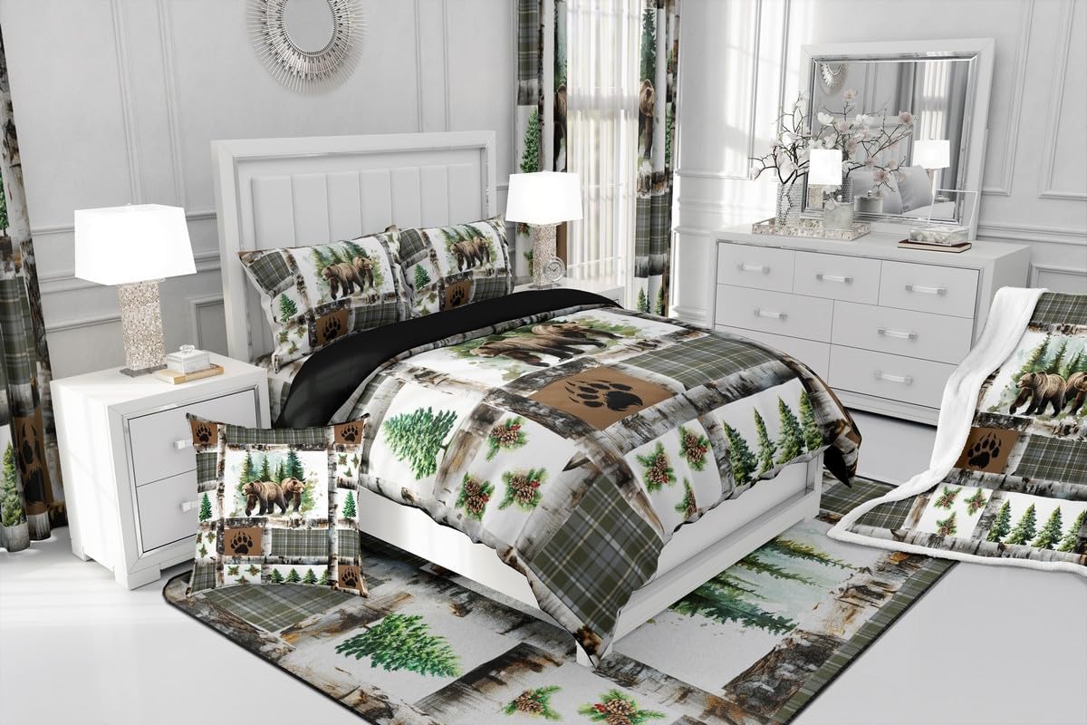 Feelyou Rustic Bear Bedding Set Hunting Theme Comforter Set for Kids Boys Girls Bear Paw Print Comforter Cabin Decor Quilt Set with 2 Pillowcases 3Pcs Bedding King