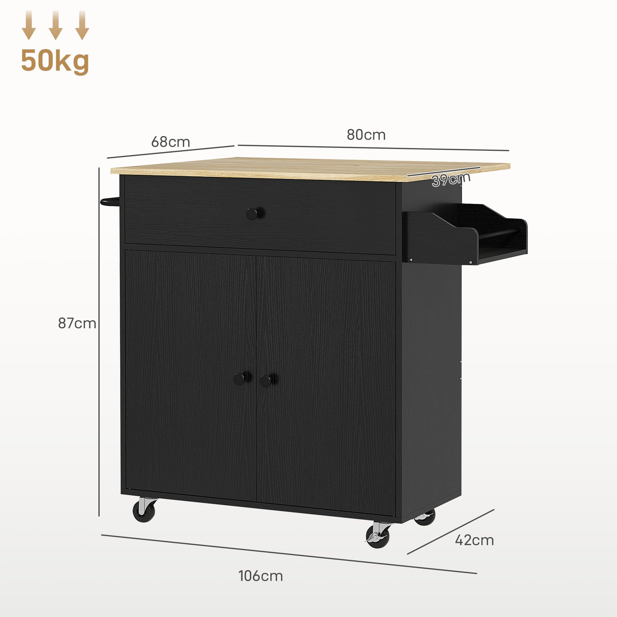 HOMCOM Îlot de cuisine avec aile rabattable, meuble d'appoint sur roulettes, 2 portes, tiroir, porte-serviettes et étagère ajustable, 106 x 42 x 87 cm, noir et chêne