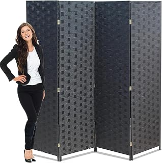 Room Dividers Wall Privacy Partition 4 Panel 6 Feet Foldable Screen Portable Wood Mesh Woven Design Room Separator for Home Office, Black