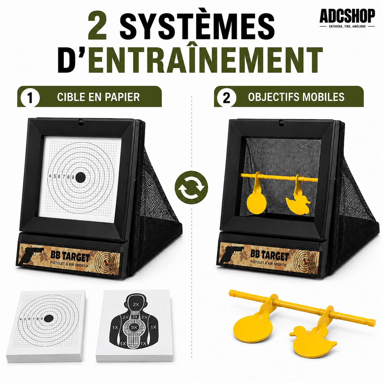 Lot de cibles Airsoft avec filet de capture de billes - 2 modes : score et rotation - Inclut 100 cibles supplémentaires de 17x17 cm