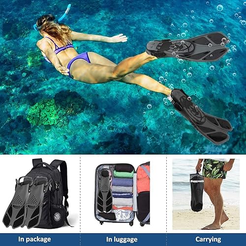 Miniatura 7 de Aletas de buceo para natación, aletas de esnórquel para natación, aletas cortas de buceo, tamaño de viaje con bolsa de malla, correa de aleta extra,