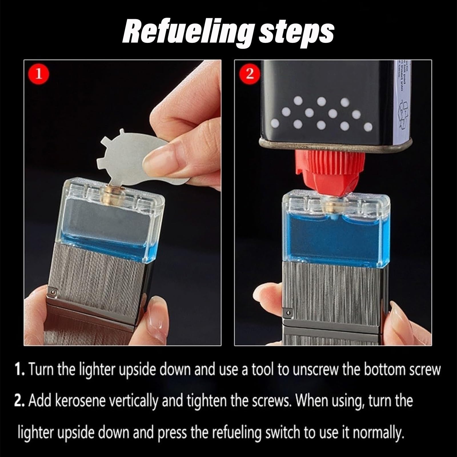 Encendedor de queroseno de metal resistente al viento, llama suave portátil, tanque de combustible transparente, práctico para camping, regalo para hombres (combustible no incluido)