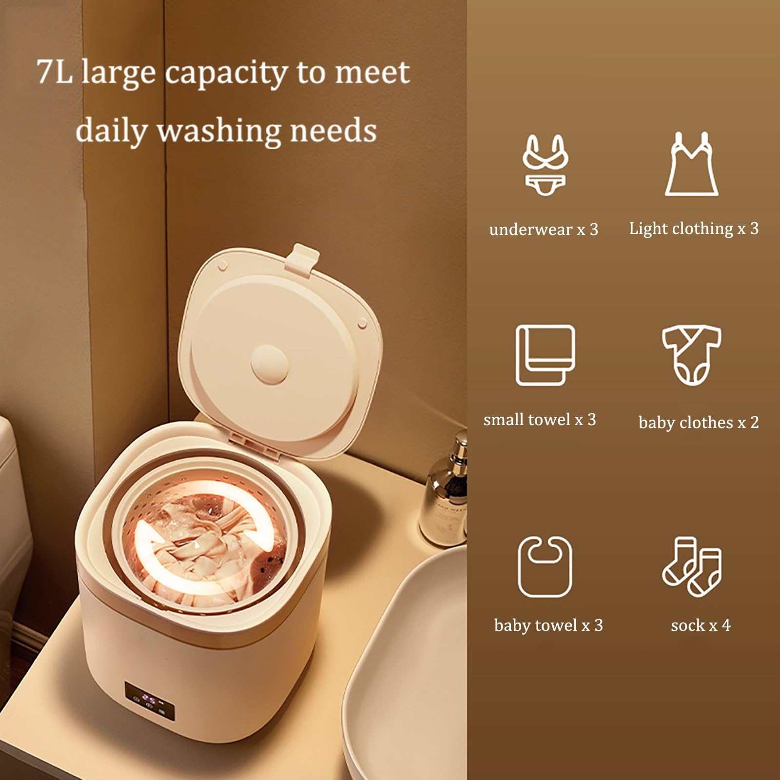 Portable Washing Machine, 7L Fully Automatic Small Washer With Spin Dryer Large Capacity Washing Machine For Underwear Sock Towels