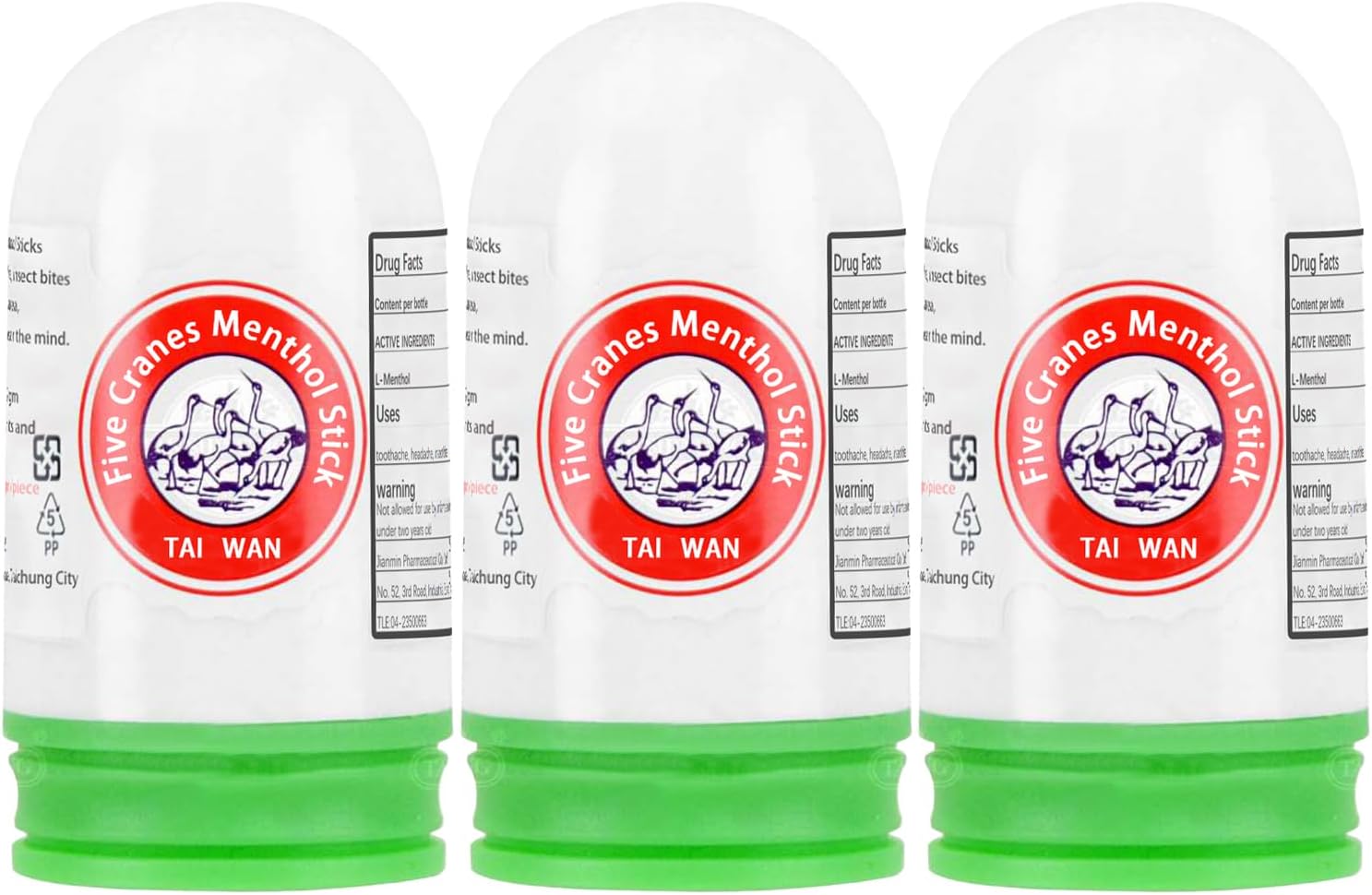 xinlong 3pcs Five Cranes Menthol Stick Made in Taiwan 三瓶裝五鶴標牌薄荷棒 每瓶14.5g