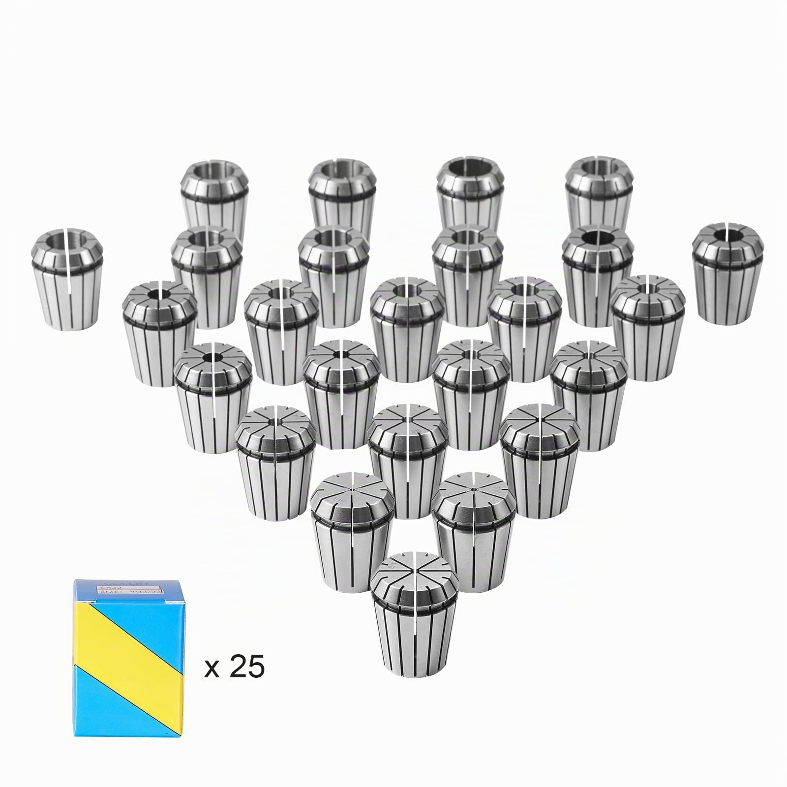 VEVOR Juego de Pinzas ER32 25 PCS 1/16"-13/16" 1,6-20,6 mm TIR 0,0006"/15 μm con 25 Cajitas de Almacenamiento Etiquetadas para Máquina de Grabado CNC, Fresadora, Herramienta de Torno, Taladro, Prensa